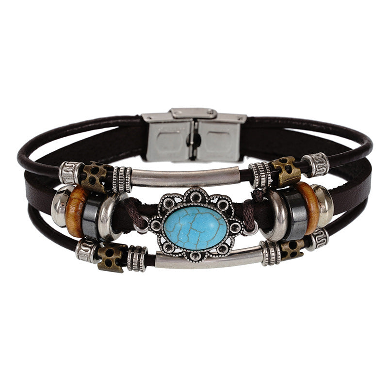 Wholesale Handwoven Leather Turquoise Bracelet Men Unisex Trendy Jewelry Accessory