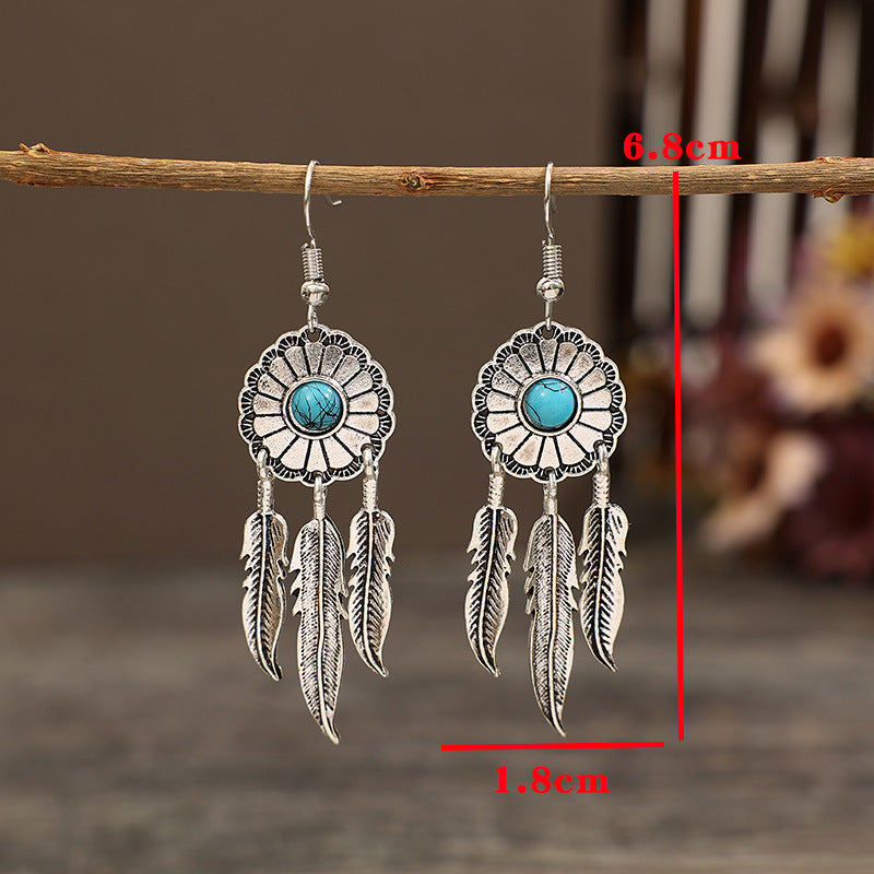 Wholesale Electroplated Alloy Retro Turquoise Dreamcatcher Feather Tassel Earrings Fashion Accessory