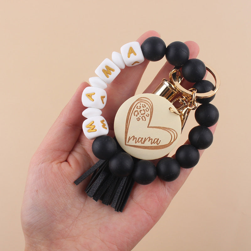 Wholesale Cartoon Love Wooden Brand MAMA Silicone Beaded Wrist Keychain ACC-KC-GuangTian026