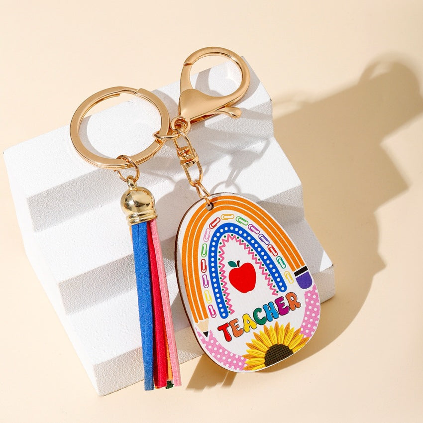 Wholesale Rainbow Teacher’s Day Wooden Sign Tassel Keychain ACC-KC-RongR043
