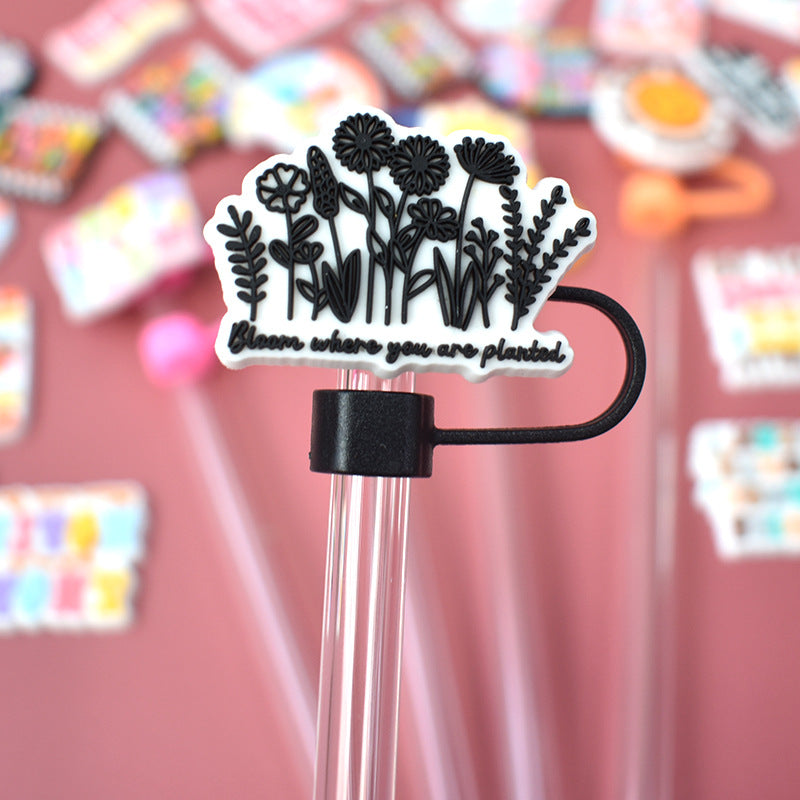 Wholesale Random 100pcs 10mm Straw Tube Cap Rainbow Smiling Face Phrase PVC Soft Rubber Straw Stoppers ACC-SCR-RYY014