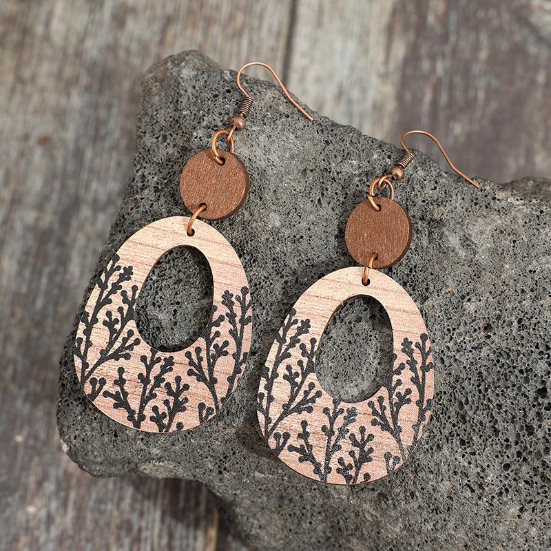 Wholesale Vintage hollow geometric print plant tree bohemian wooden earrings