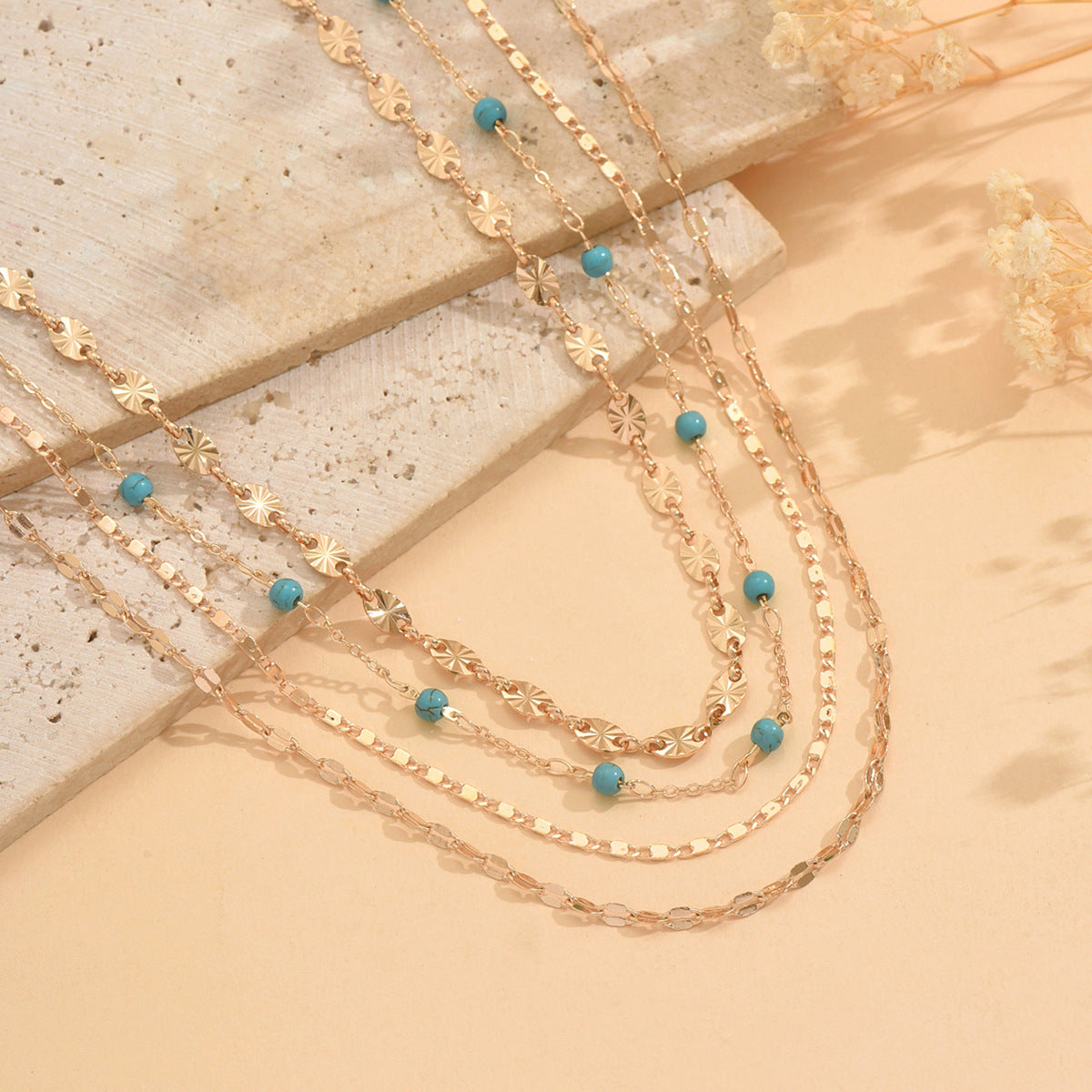 Wholesale Casual French-Style Turquoise Beaded Necklace Set of 4,  Gold-Plated Collarbone Chain Jewelry Accessory for Women
