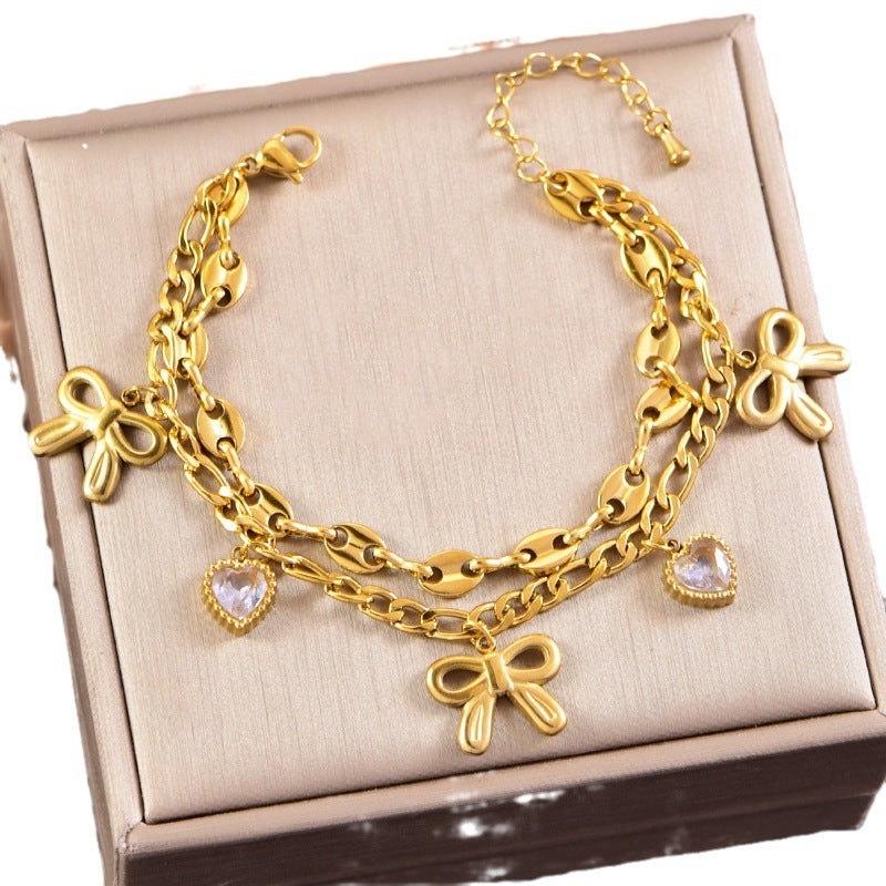 Wholesale Titanium Steel Bracelet Bow Star Moon Love Diamond Double Layer Bracelet
