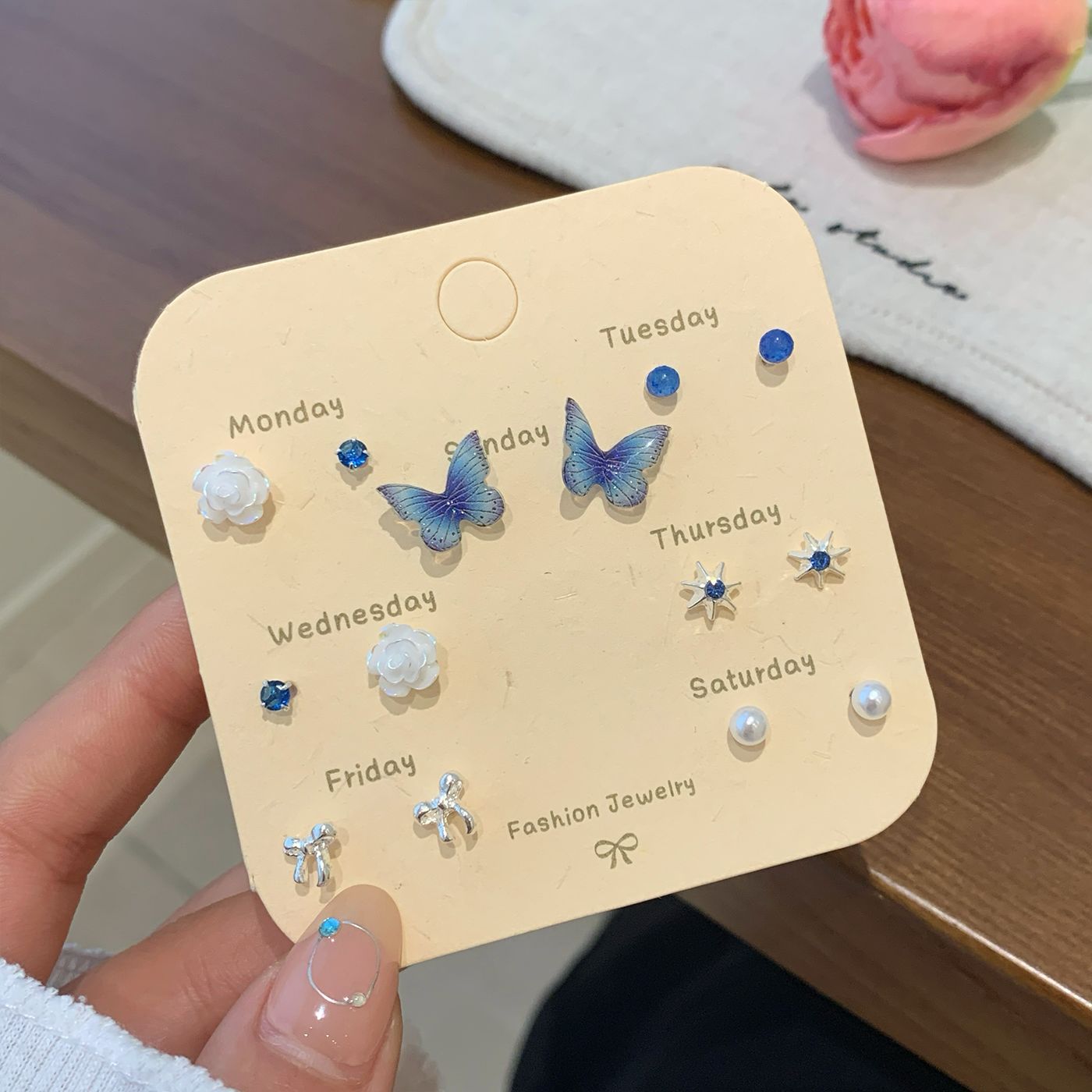 Wholesale Autumn Colorful Butterfly Flower Pearl Earring Set Silver Needle Small Sweet Earrings