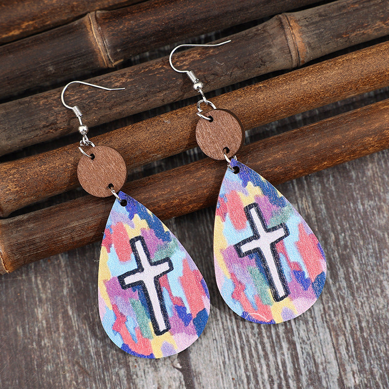 Wholesale Retro style teardrop-shaped stitching log cross wooden earrings