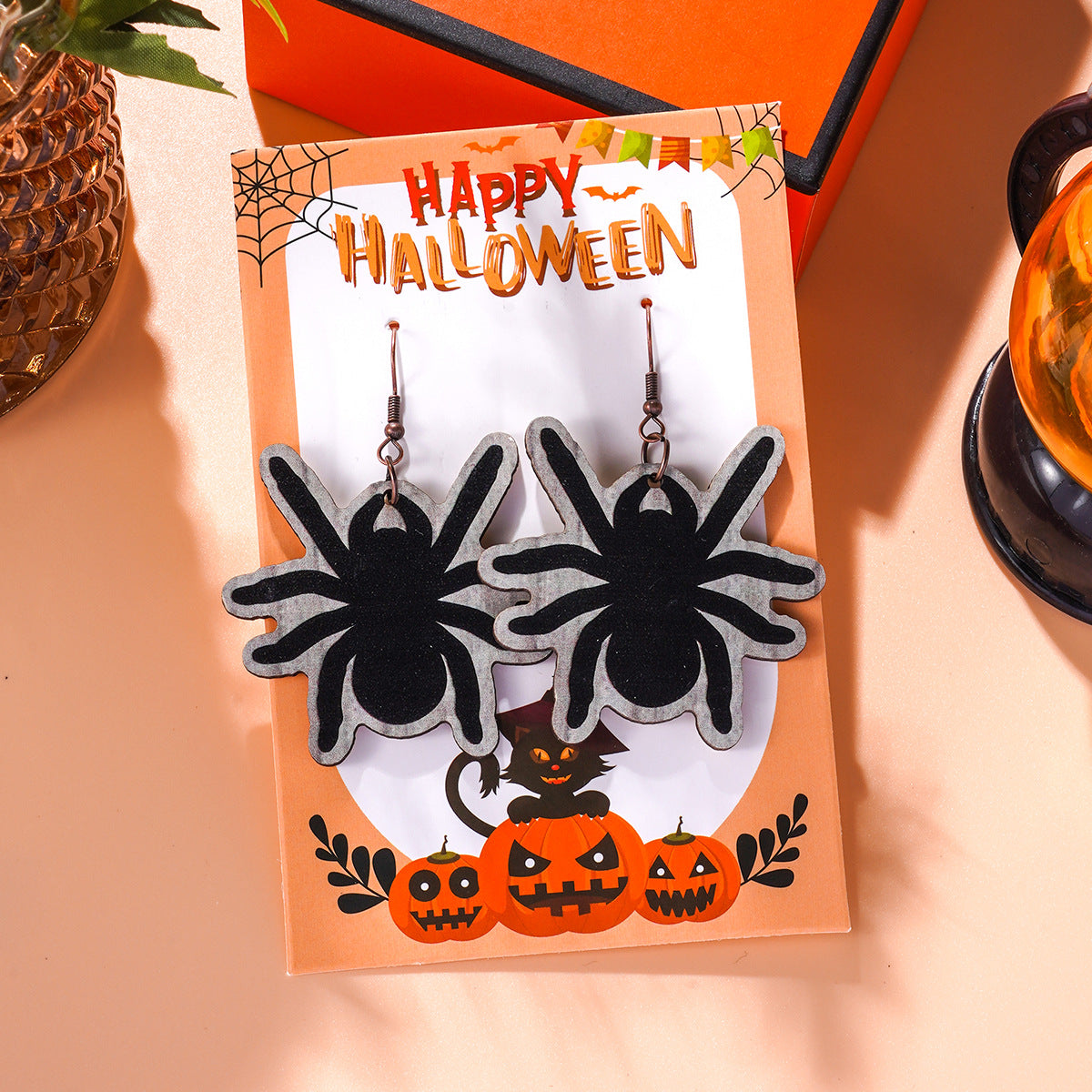 Wholesale Halloween Cartoon Wood Pumpkin Spider Kitten Earrings ACC-ES-Ditong004