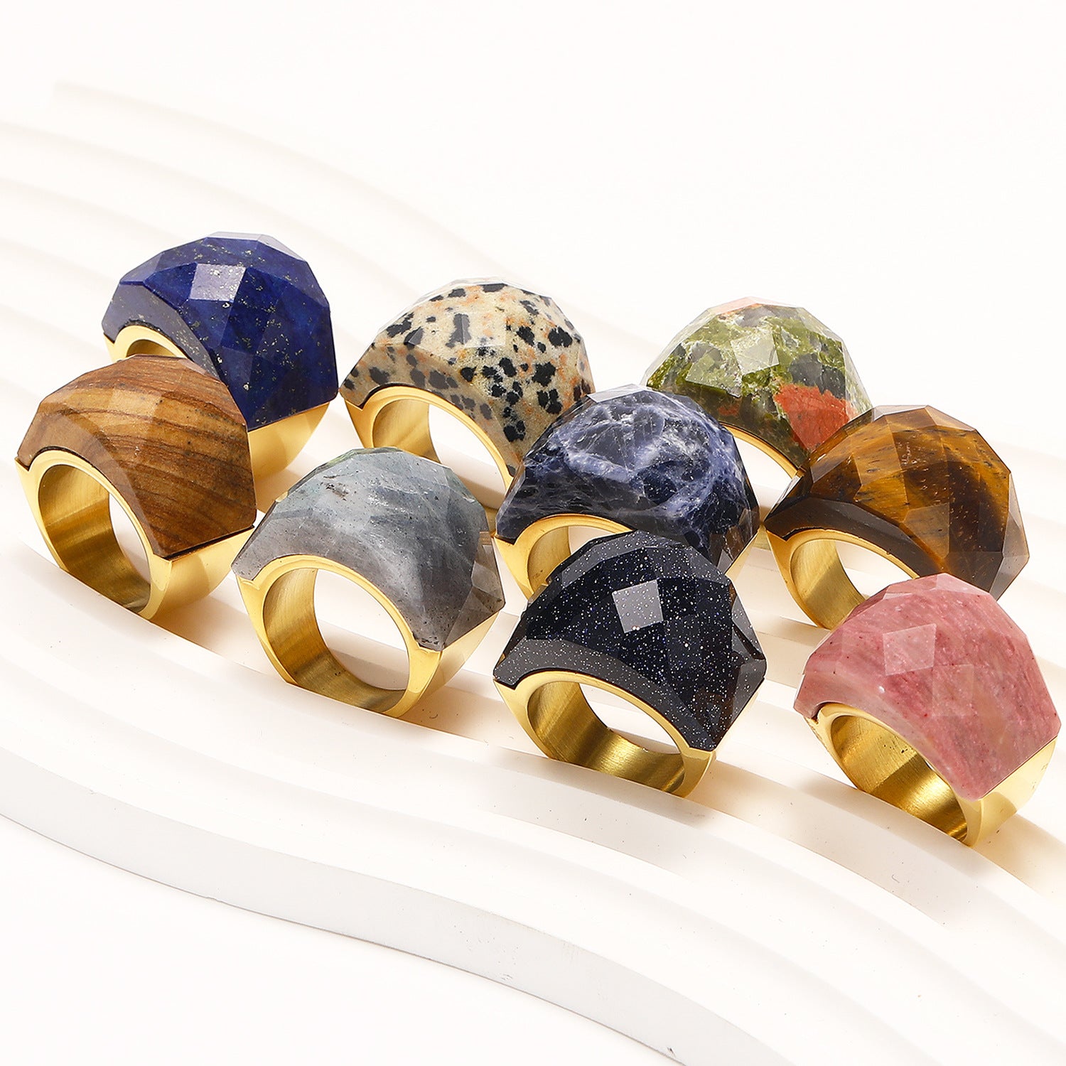 Wholesale Exaggerated Multi-color Translucent Gemstone Titanium Steel Ring ACC-RS-Hait002