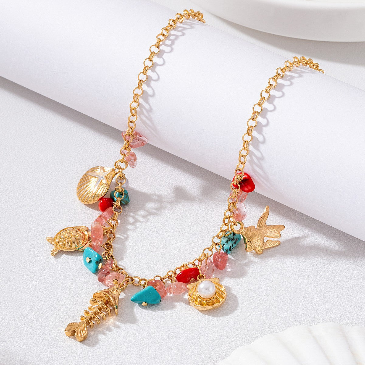 Wholesale Bohemian Ocean Style Choker Necklace Shell Fishbone Sea Turtle Colorful Stone Pearl Gold Plated Fashion Accessory