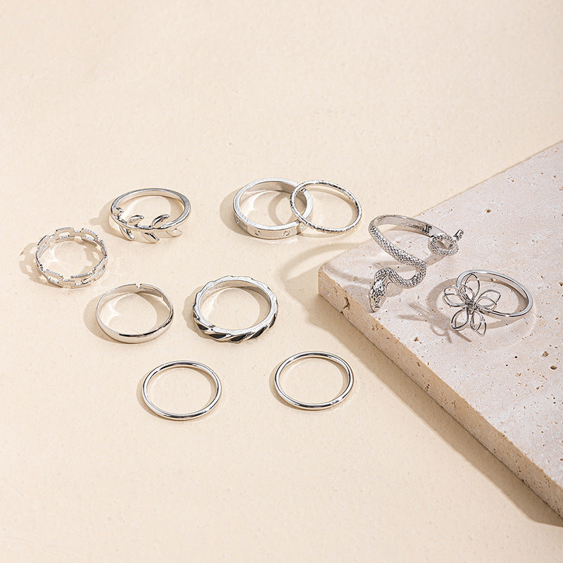 Wholesale  alloy flower ring personality exaggerated snake-shaped stacked ring suit