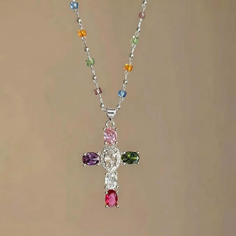 Wholesale Layering Colorful Cross Pendant Necklace Zinc Alloy Crystal Chain Fashion Accessory
