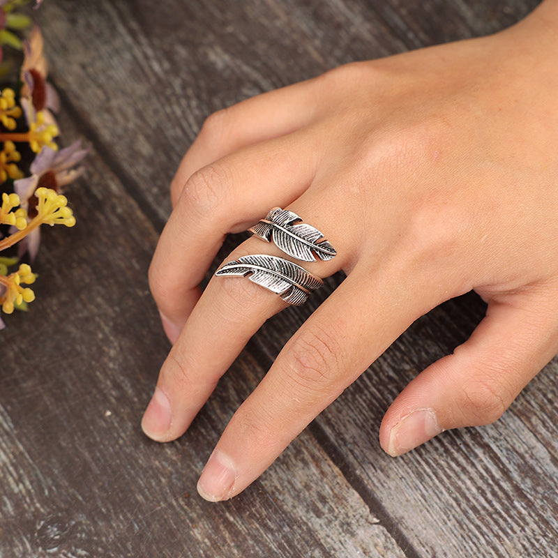 Wholesale Bohemian retro style feather shape open alloy ring