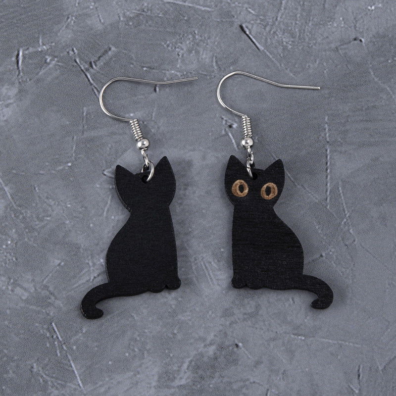 Wholesale Halloween Black Cat Skull Cat Wood Earrings ACC-ES-FuSu012