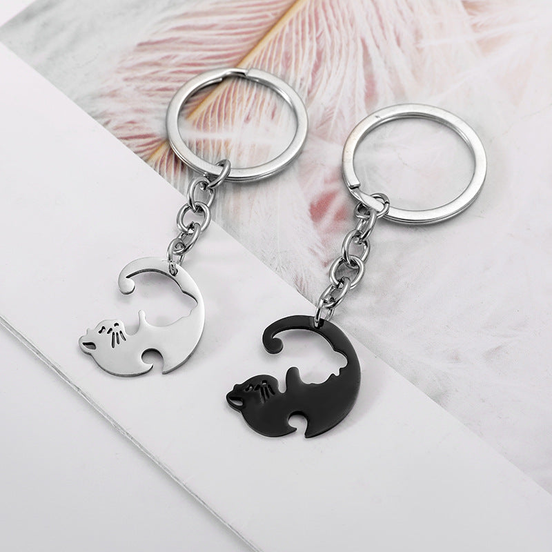 Wholesale Black and White Love Cat Stainless Steel Keychains ACC-KC-JinZhu019