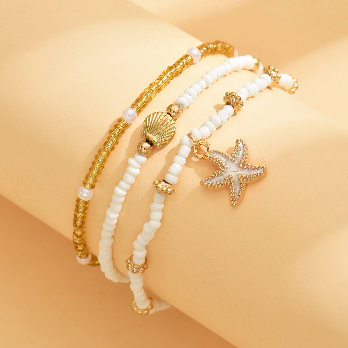 Wholesale  Bohemian style drop oil starfish shell rice beads beaded anklet