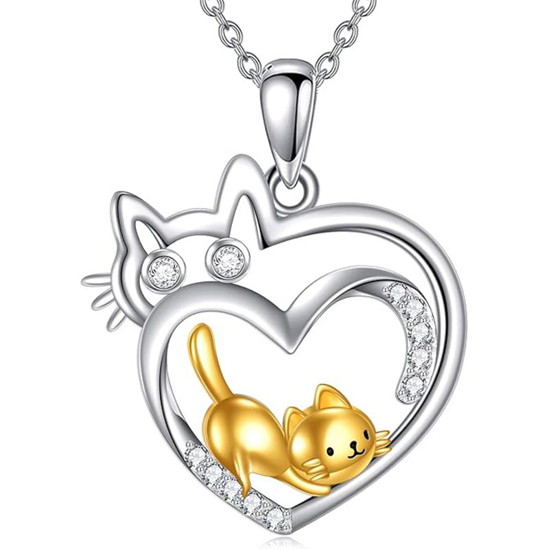 Wholesale Animal Cartoon Two Cats Diamond-Encrusted Two-Color Women's Clavicle Chain