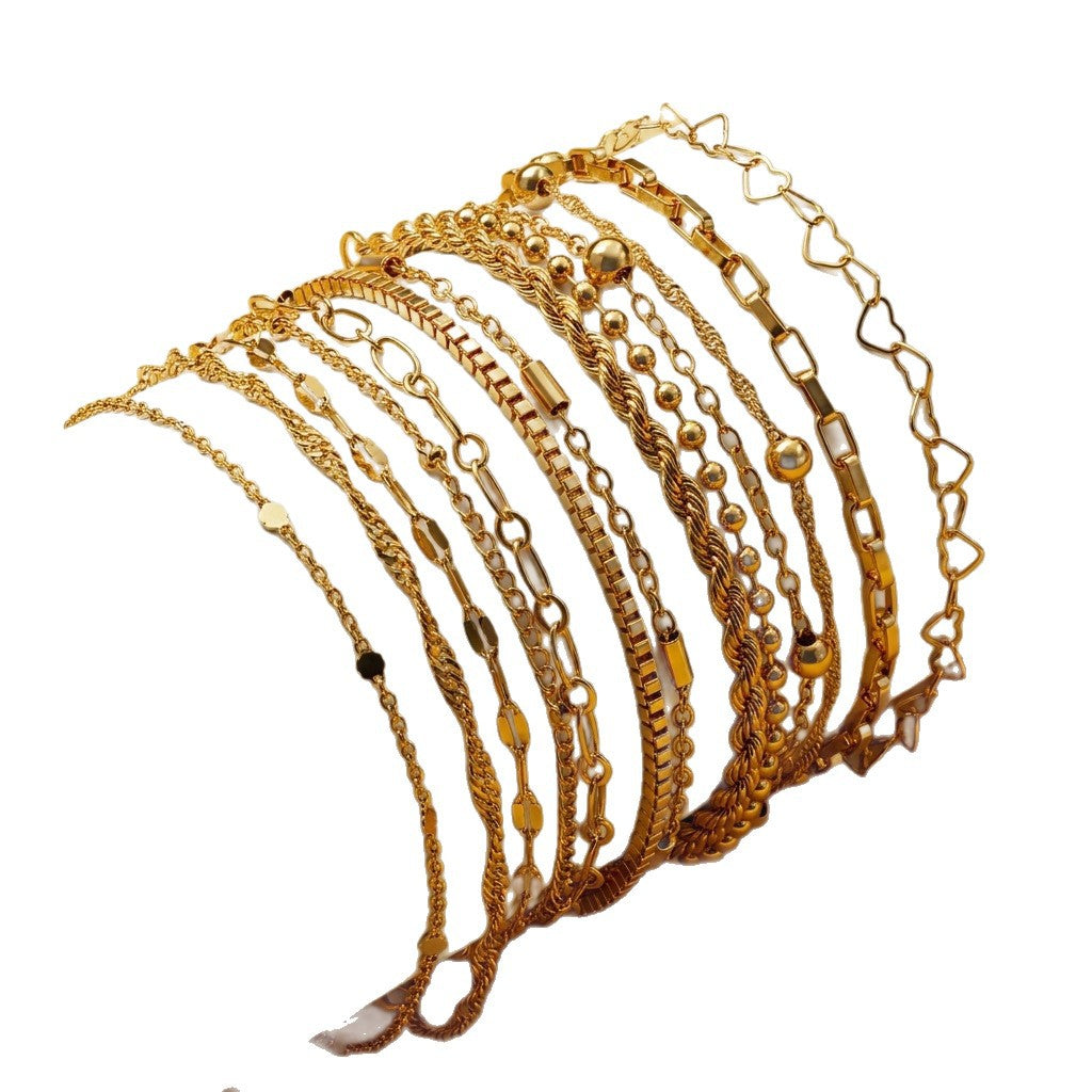 Wholesale 13 Piece Geometric Heart Layered Bracelet Set Gold Electroplated Travel Souvenir Fashion Jewelry Accessory