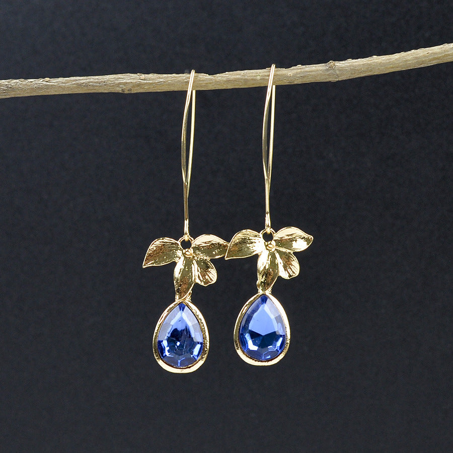 Wholesale Retro Orchid Drop Earrings Sapphire Blue Faux Pearl Zinc Alloy Boutique Jewelry Accessory