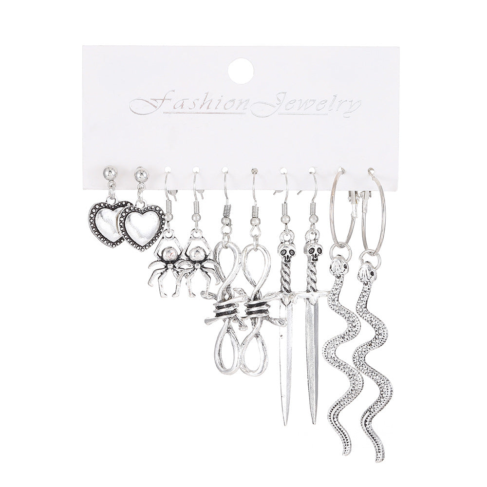 Wholesale Alloy Ancient Silver  Statement Earrings Set – 5 Pairs Pumpkin Skull  Theme,  Party Fashion Accessory