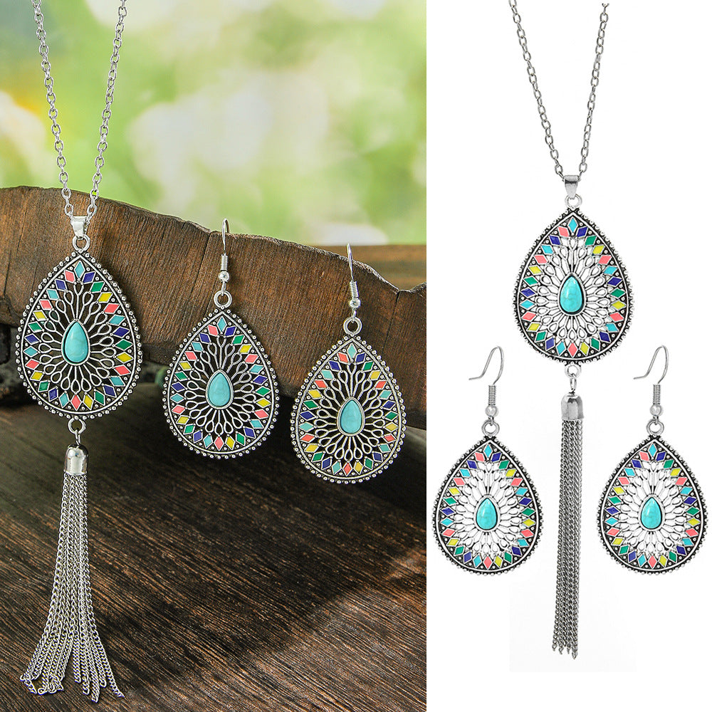Wholesale Bohemian Drop-Shaped Earrings and Necklace Set,  Ethnic Style Fashion Accessory for Gift or Resale