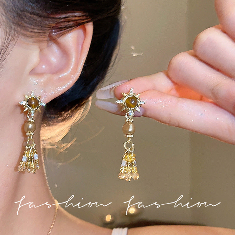 Wholesale Retro Caramel Tiger Eye Stone Pearl Tassel Earrings Eight Pointed Star Drop Earrings For Women Party Jewelry Accessory For Boutique Resale