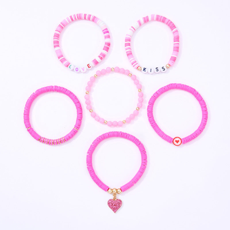 Wholesale Valentine's Day  6 suit  Cute Color Letter Pink Heart Pendant Bracelet
