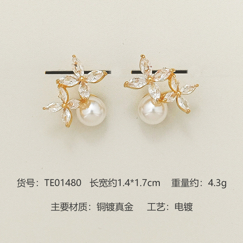 Wholesale Pearl Earrings  Silver Needle Copper Plated Gold Earrings
