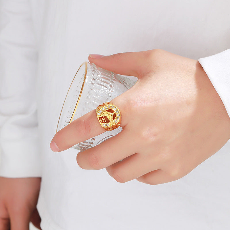 Wholesale Hip Hop Gold Plated Diamond Horse Head Men's Ring ACC-RS-YunJin005