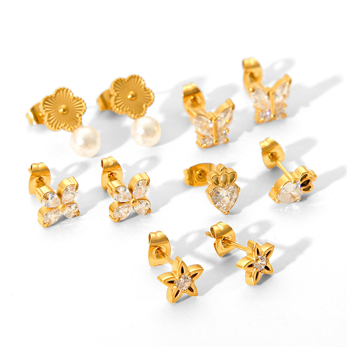 Wholesale Stainless steel heart-shaped butterfly flower zircon man-made pearl earrings