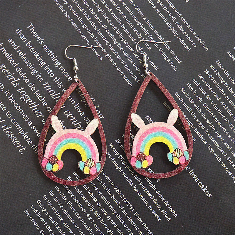 Wholesale Easter Painted Leopard Print Water Drop Hollow Wooden Earrings