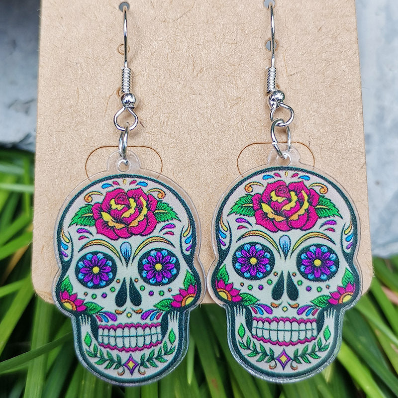 Wholesale 2 pairs/pack Acrylic Day of the Dead skull butterfly flower mushroom snake rose flame earrings