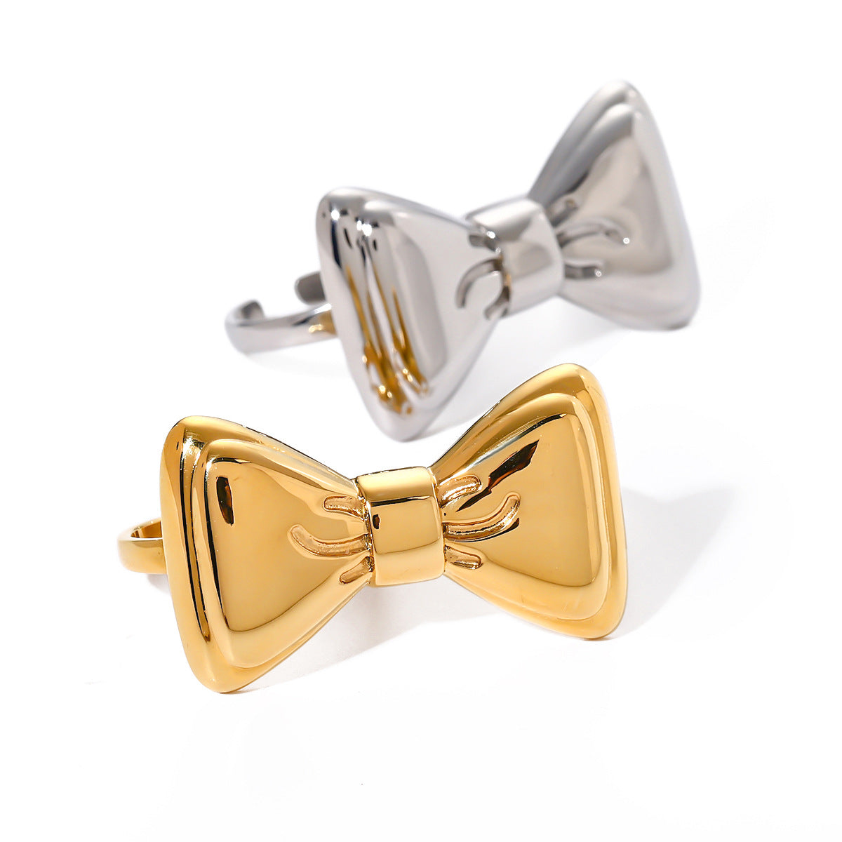 Wholesale bow 18k gold stainless steel bow open two-finger ring