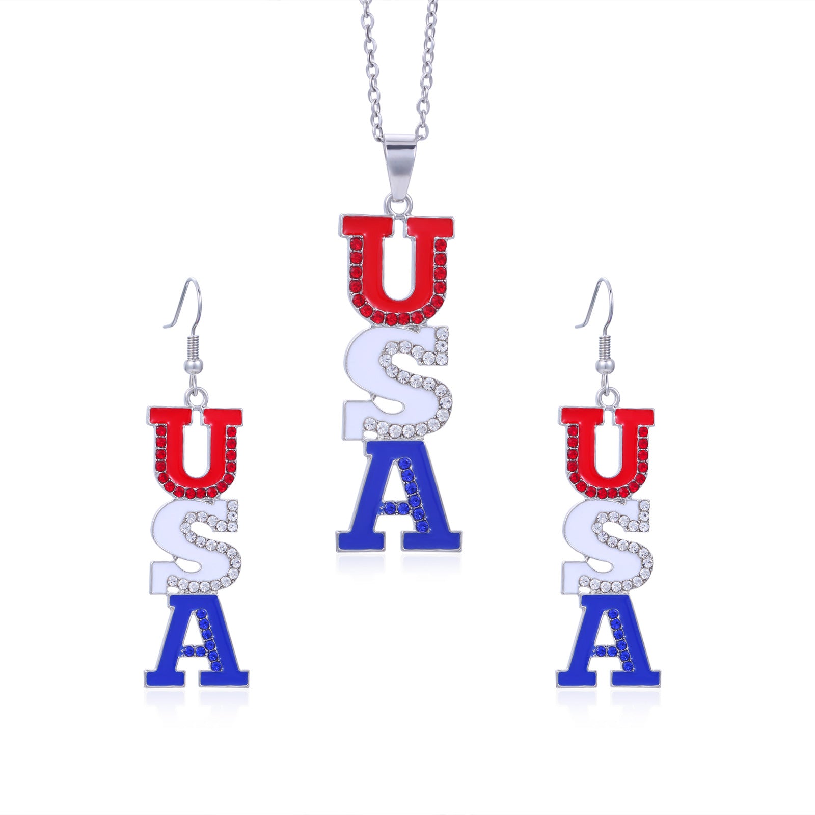 Wholesale American Independence Day Alloy Diamond Flag Stripe Earrings Necklace Set ACC-ES-BinLi001