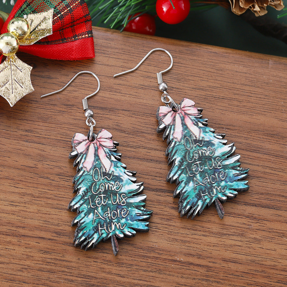 Wholesale Christmas bow Christmas tree pendant earrings wooden double-sided earrings