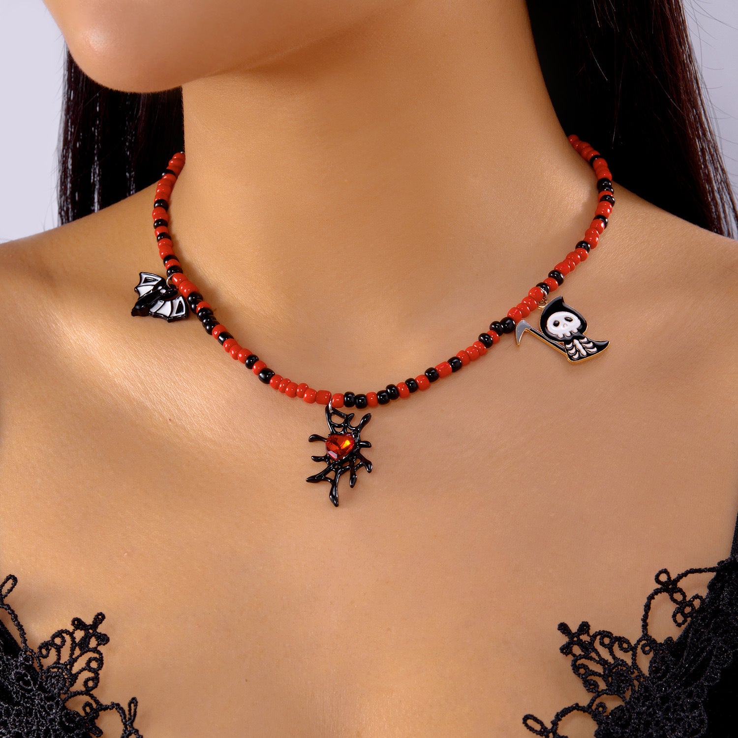 Wholesale Halloween Jewelry Pumpkin  Ghost Spider Pendant Handmade Rice Beads Necklace
