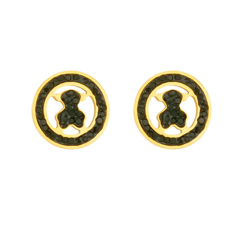 Wholesale Titanium Steel  Bear New Round Diamond Black Bear Necklace Earrings suit  Necklace