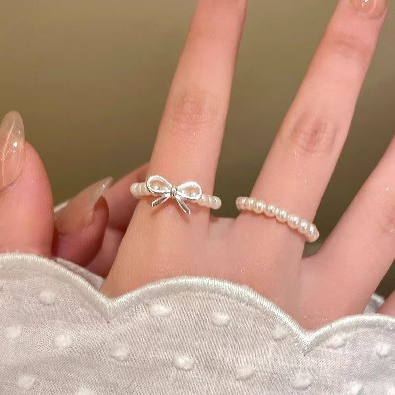 Wholesale Alloy Pearl Beaded Adjustable Bow Ring For Women Trendy Jewelry Accessory
