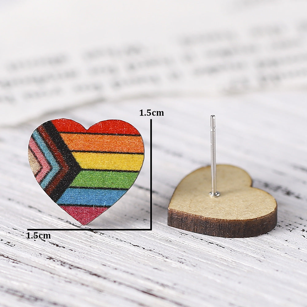 Wholesale Rainbow Heart Star Flag Wood Earrings ACC-ES-ChuLian050