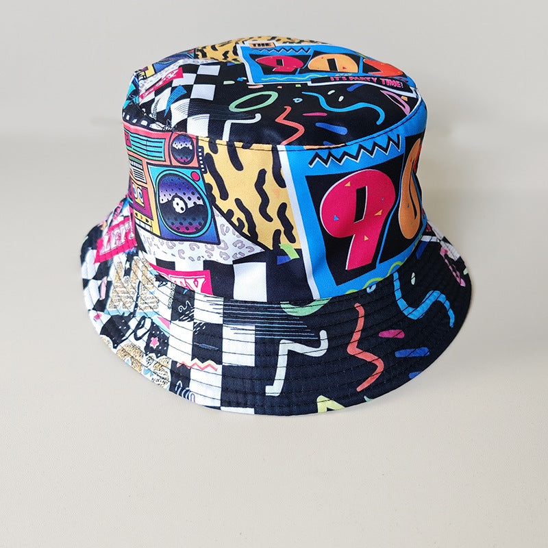 Wholesale Printed Cartoon Fisherman Hat,  Double-Sided Retro Sunshade,  Casual Outdoor Hat for Men Women