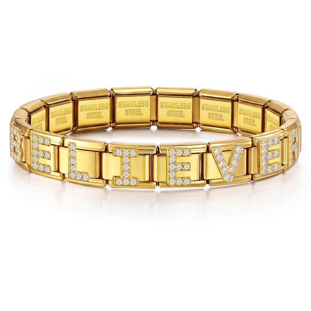 Wholesale Fashion Italian Style DIY Letter Modular Bracelet Stainless Steel Gold Tone Rhinestone Jewelry Accessory For Boutique Resale