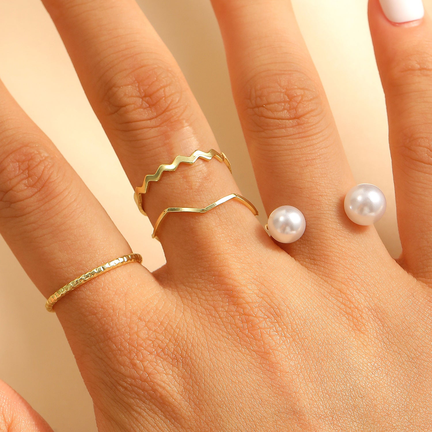 Wholesale Copper-plated man-made pearl wave design open ring set