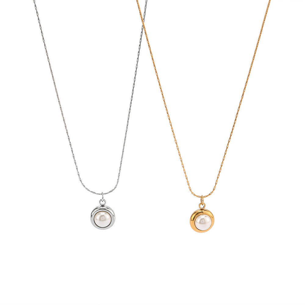 Wholesale Pearl Pendant Stainless Steel Necklace Round Carved Love Pattern Simple Clavicle Chain