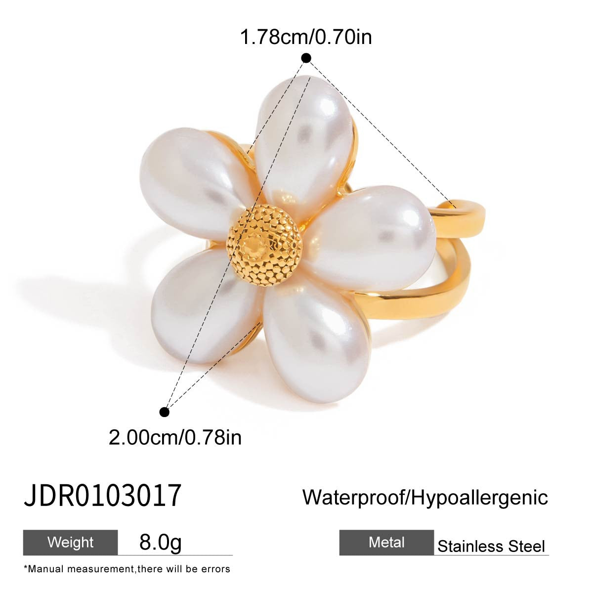 Wholesale romantic 18K gold stainless steel pearl five-petal flower opening ring