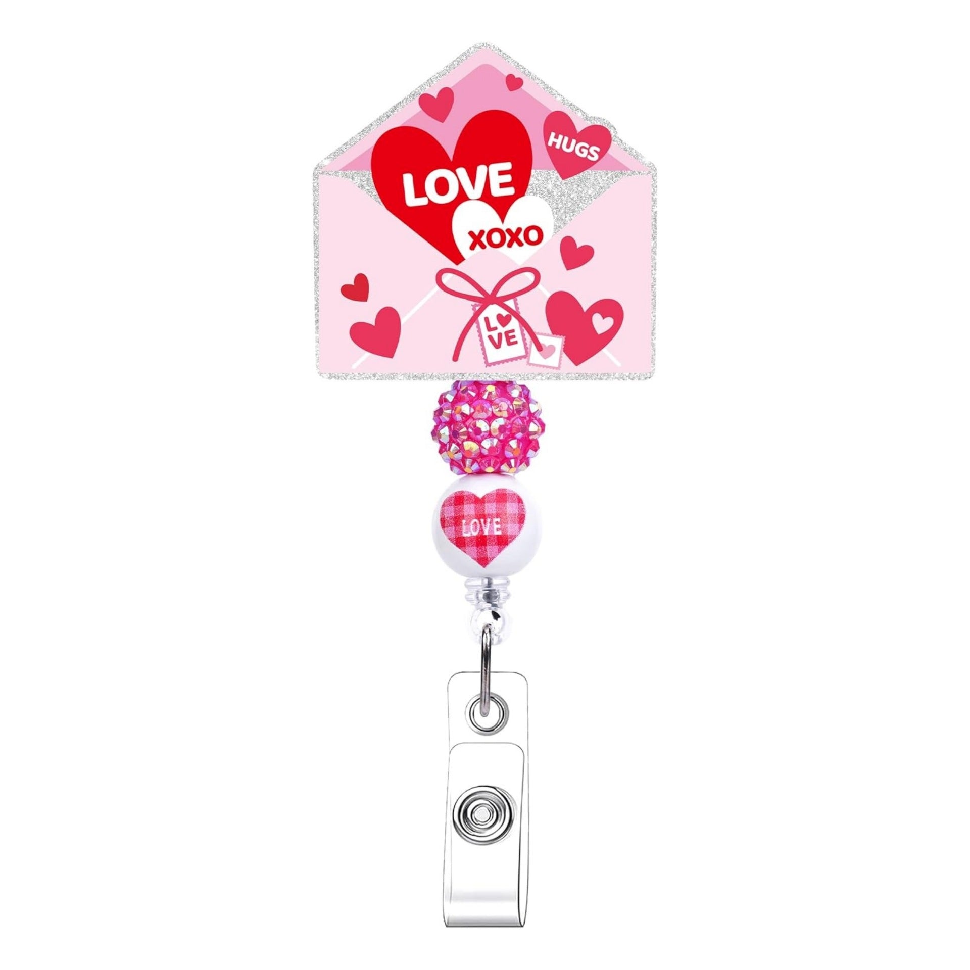 Wholesale  Pink Beaded Valentine' s Day Retractable Badge Reels,