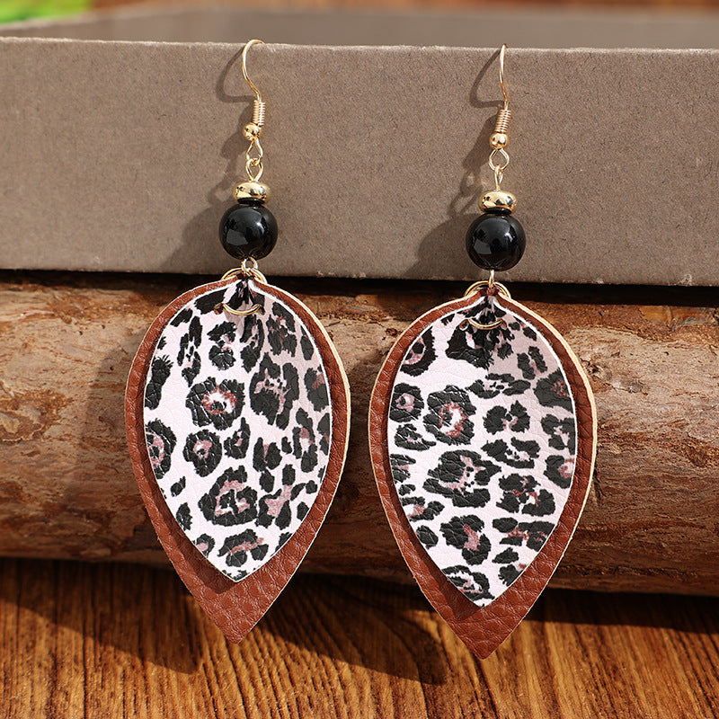 Wholesale leopard print leather earrings, double-layered leopard print teardrop-shaped leather earrings
