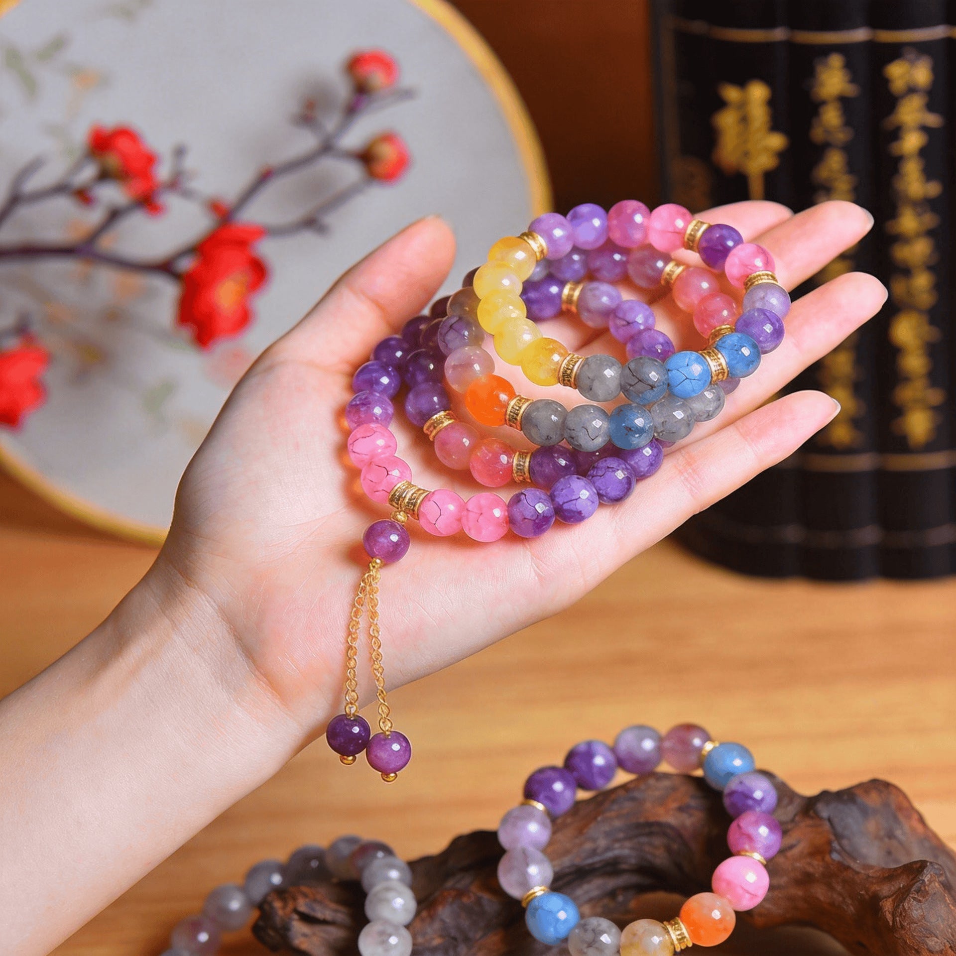 Wholesale Glazed Glass Bead Bracelet Purple White Crystal Style Trendy Jewelry Accessory Everyday Wear Gift For Women Boutique Resale