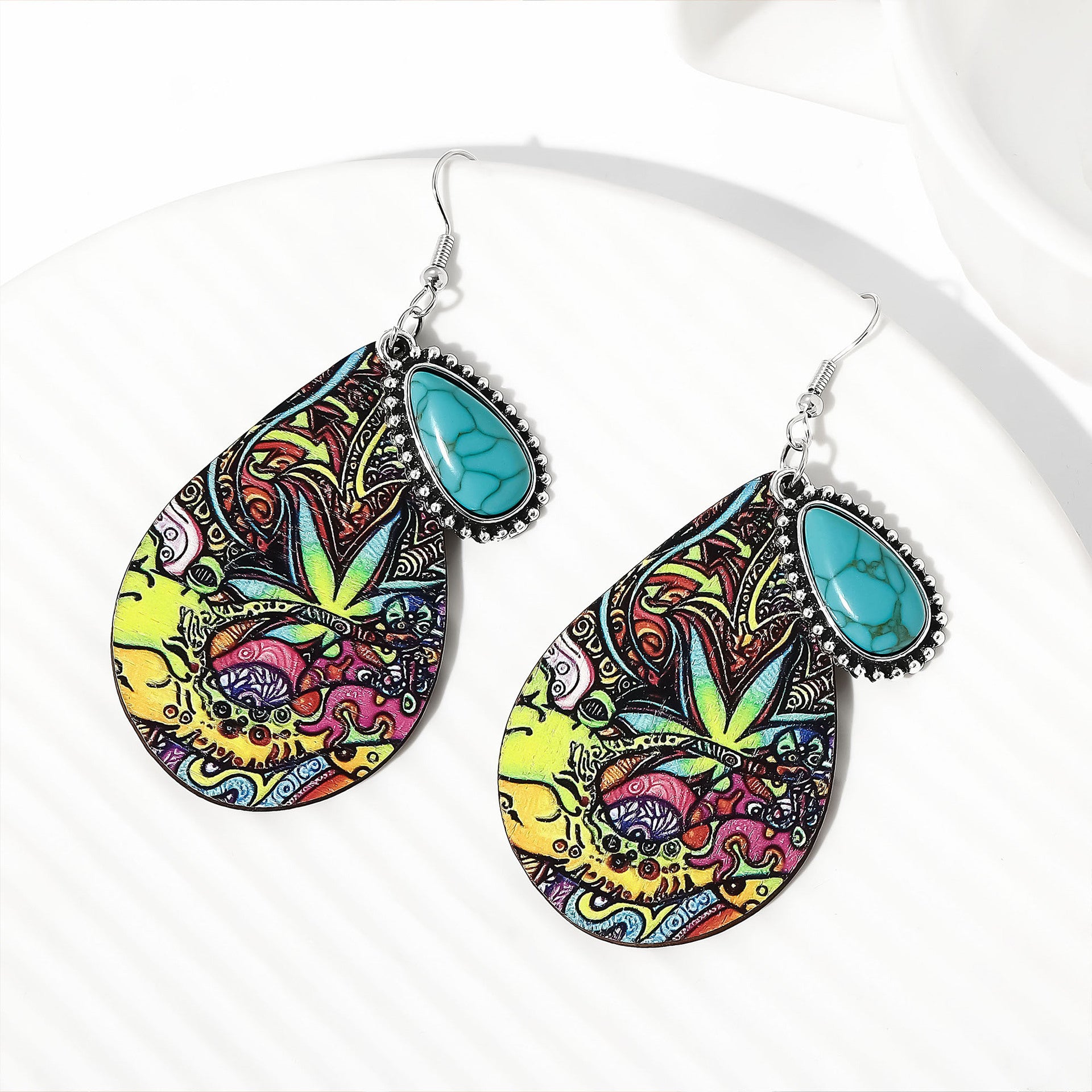 Wholesale  Retro Drop-Shaped Wooden Earrings Turquoise Earrings