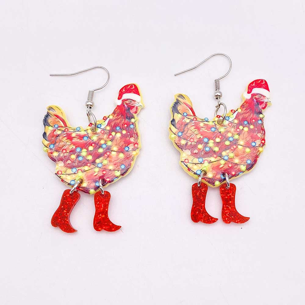 Wholesale Christmas Santa Hat Rooster Lights Acrylic Double-sided Printed Earrings ACC-ES-ChenY054