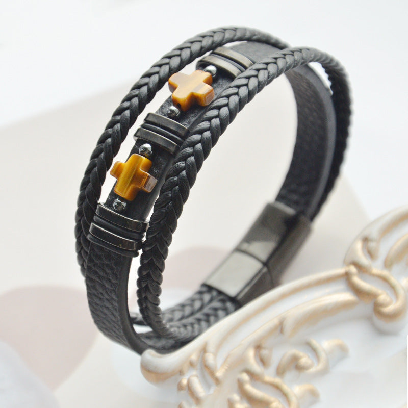Wholesale Leather Bracelets Men's Tiger Eye Stone Bracelet Cross Bracelet ACC-BT-Yima014