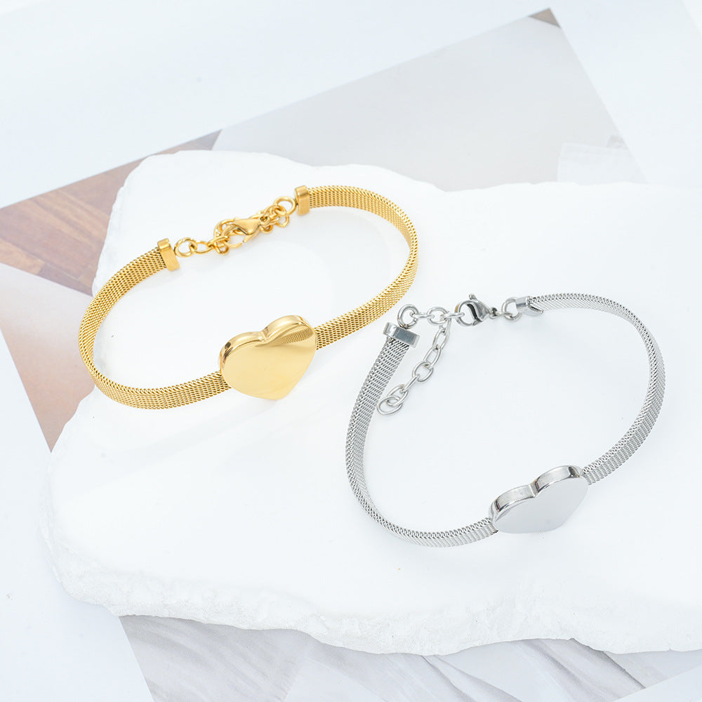 Wholesale Titanium Steel Heart Shape Gold Mesh Bracelet Travel Commemoration Gift Women' s Jewelry Accessory